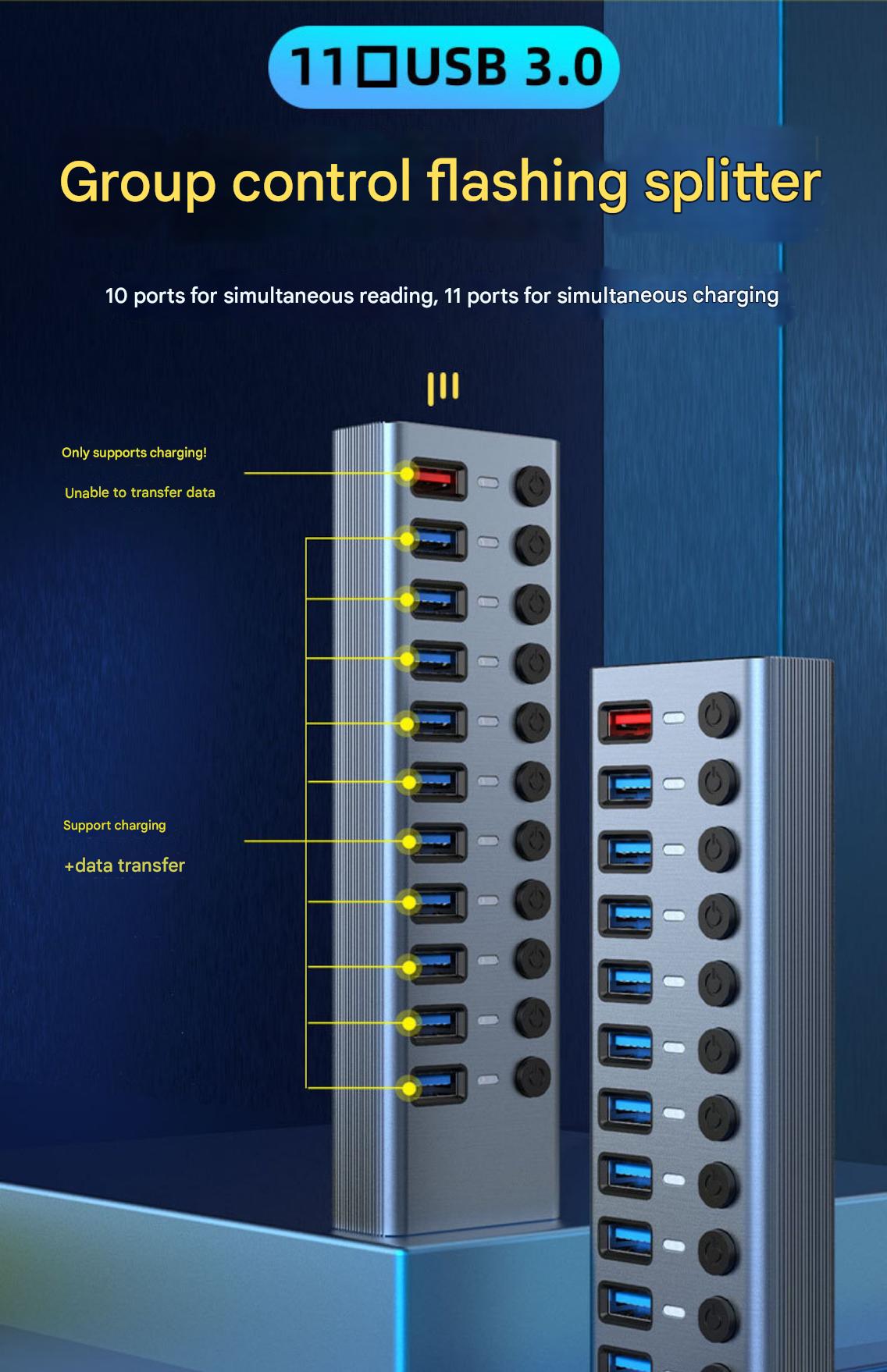 USB 3.0 11-Port Hub with Power Supply – Speed up to 5 Gbps