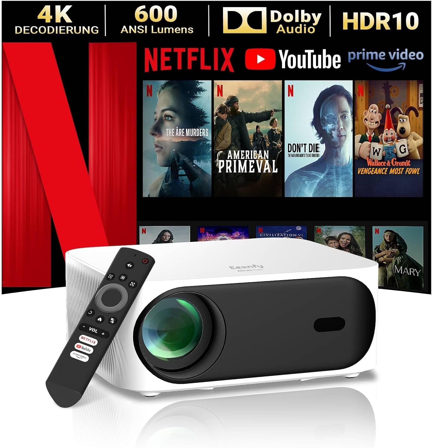 Eeenfy 4K Smart Home Cinema Projector – Native 1080P, Netflix Certified, Dolby Audio, 600 ANSI, WiFi 6 & Bluetooth