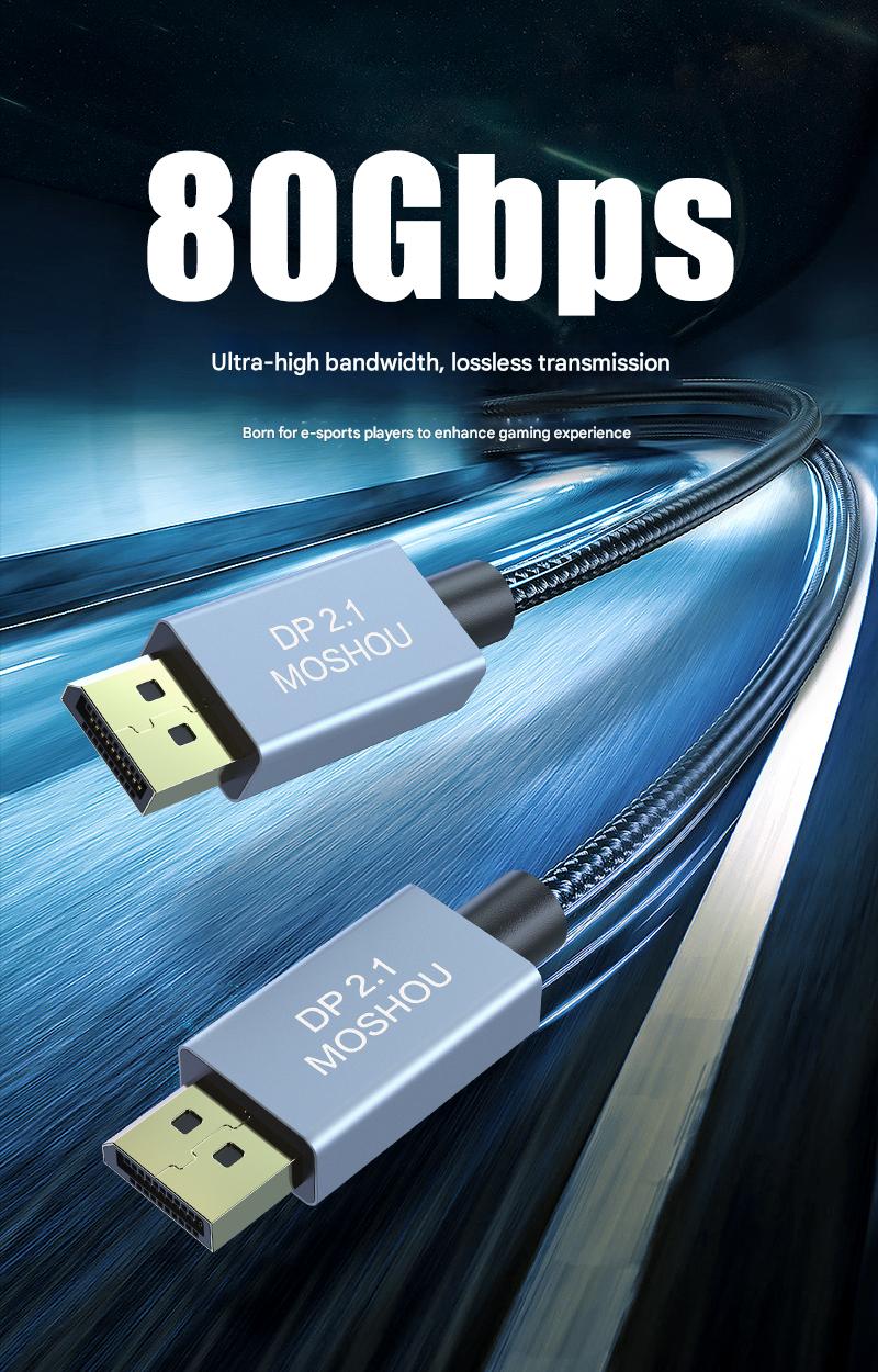 MOSHOU DisplayPort 2.1 Cable (VESA Certified) – 16K, 8K@60Hz, 4K@240Hz – 80Gbps Ultra HD Gaming Cable