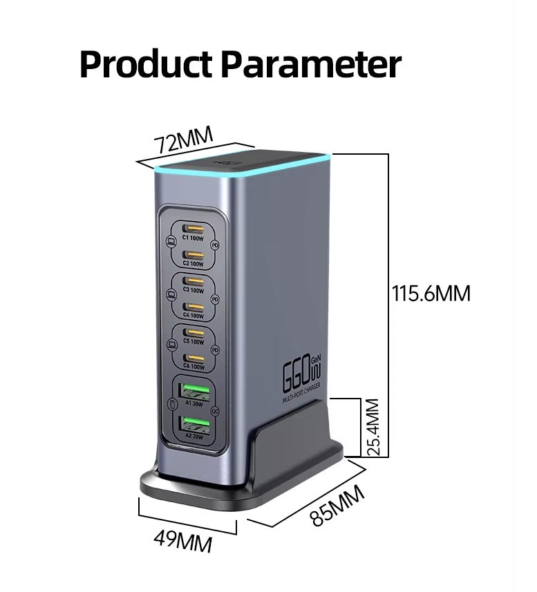 Premium 660W GaN Charger Station 8-Port EU Plug, Fast PD Charging Hub for MacBook iPhone Samsung Laptop Tablet - CE FCC Certified