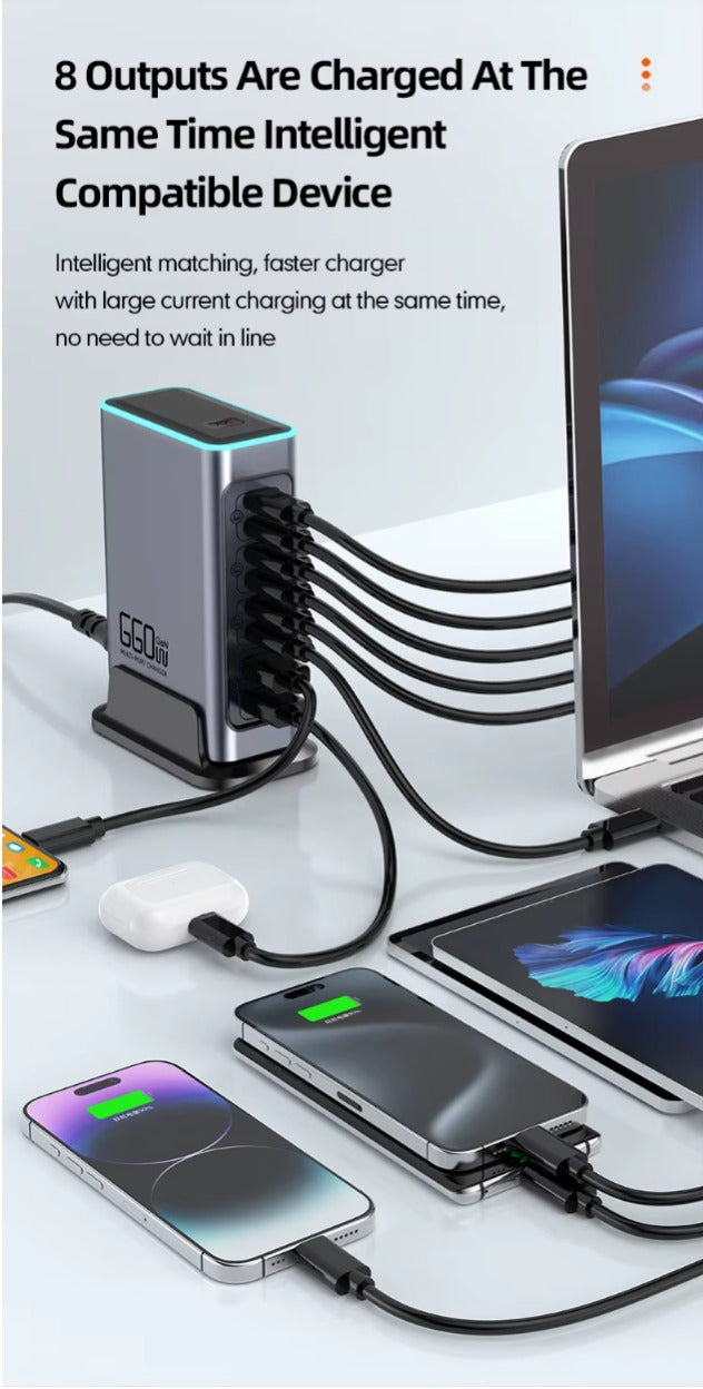 Premium 660W GaN Charger Station 8-Port EU Plug, Fast PD Charging Hub for MacBook iPhone Samsung Laptop Tablet - CE FCC Certified