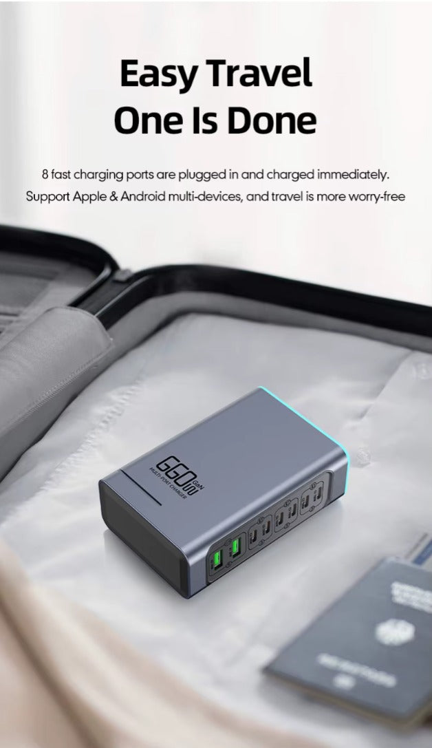 Premium 660W GaN Charger Station 8-Port EU Plug, Fast PD Charging Hub for MacBook iPhone Samsung Laptop Tablet - CE FCC Certified