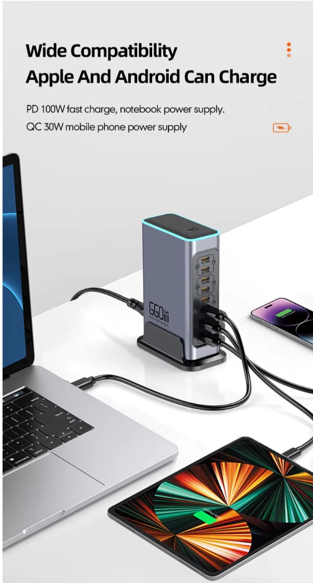 Premium 660W GaN Charger Station 8-Port EU Plug, Fast PD Charging Hub for MacBook iPhone Samsung Laptop Tablet - CE FCC Certified
