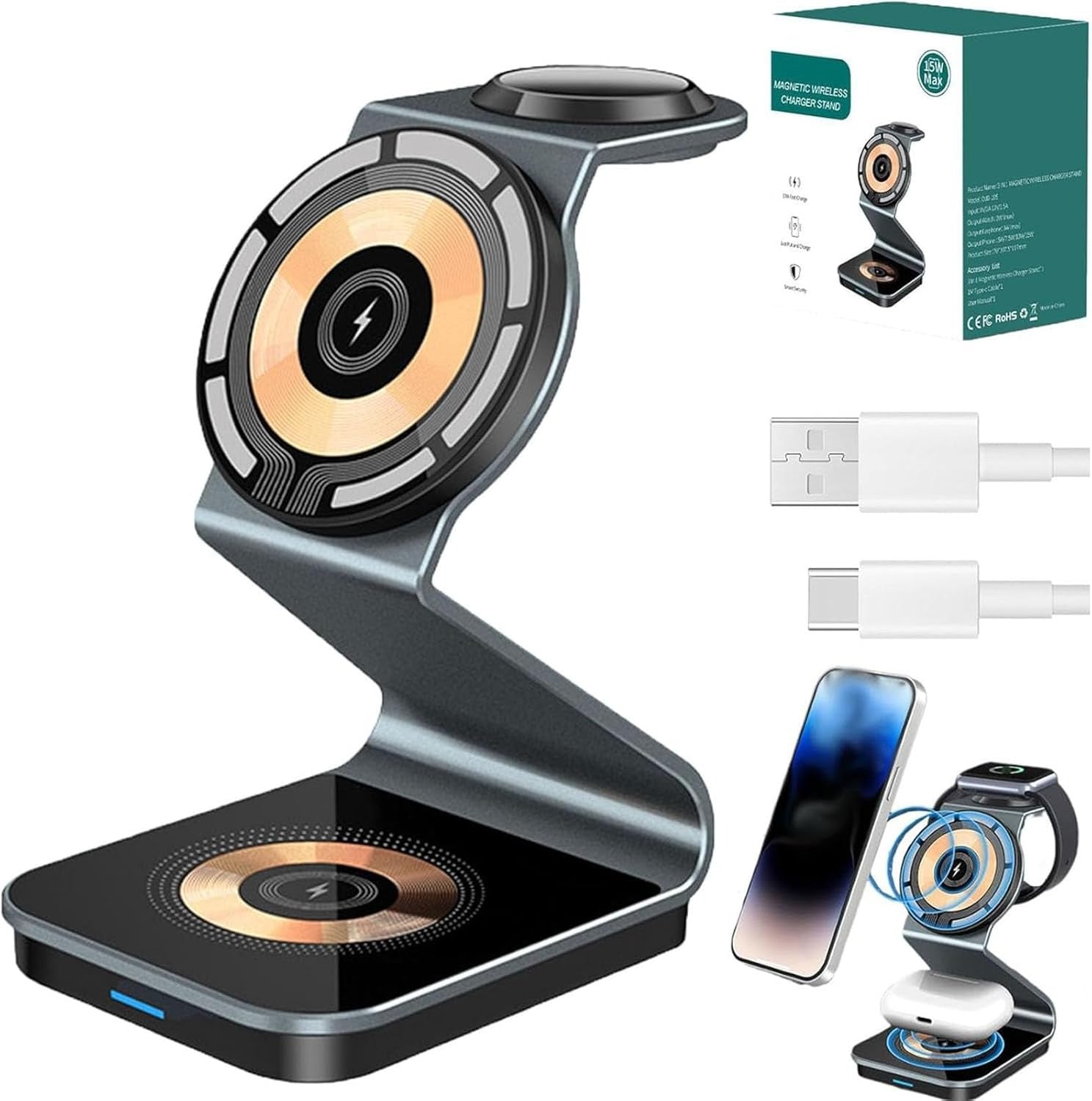 Premium Transparent Magnetic 3‑in‑1 MagSafe Wireless Charger 15W QC3.0